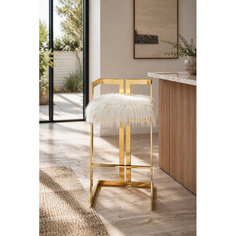 Tabouret de bar Kangé Pangea Home, Tabouret de bar (siège d'une hauteur de 29,5 po), Fausse fourrure blanche, Doré
