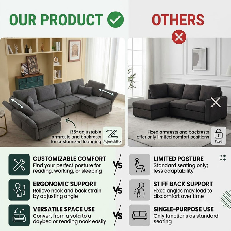 Modular Sectional Sofa With Storage Seats, Dark Gray Polyester Blend