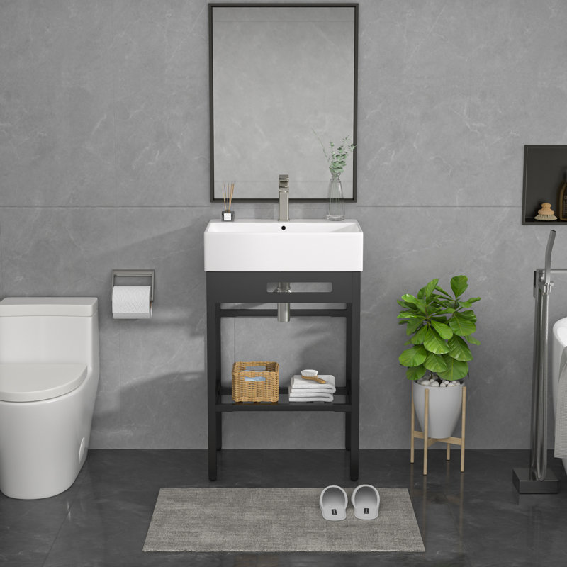 24"L x 16"W Freestanding Utility Sink Ceramic Rectangular Console Bathroom Sink Wall-mount Bathroom Basin with One Faucet Hole,Washboard,Stainless Steel Bracket