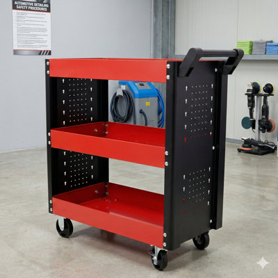 Chariot à outils à trois niveaux sur roulettes. Ce chariot à outils utilitaire robuste est livré avec un panneau perforé, conçu pour être utilisé dans les ateliers de réparation, les garages et les entrepôts. Couleur: rouge.