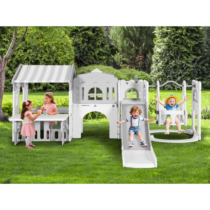 Toboggan pour tout-petits avec balançoire 10 en 1 Joyldias, Gris / Blanc