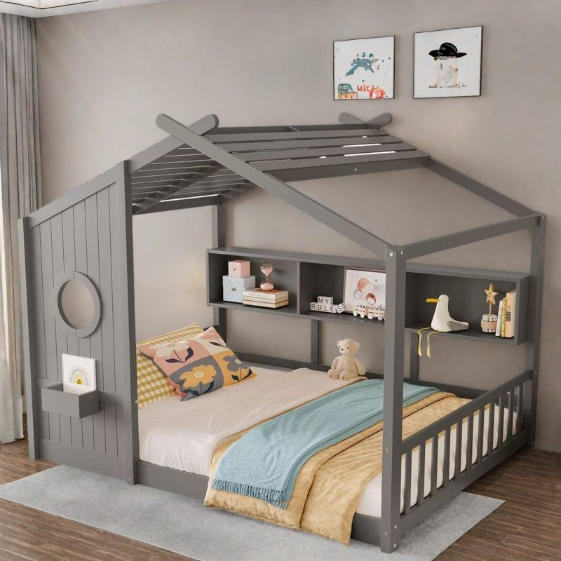 Lit sur pied avec tablettes de rangement, Double, Gris