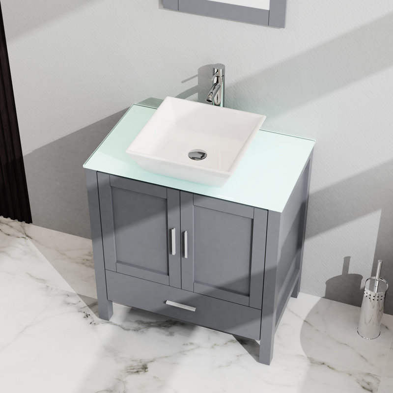 Meuble-lavabo de 30 po avec lavabo, gris. Plateau en verre trempé. Armoire à 2 portes et 1 tiroir. Intérieur spacieux. Fabrication avec rangement. Rangement de 18,5 x 30 x 31,5 po. Vaste rangement. Porte.