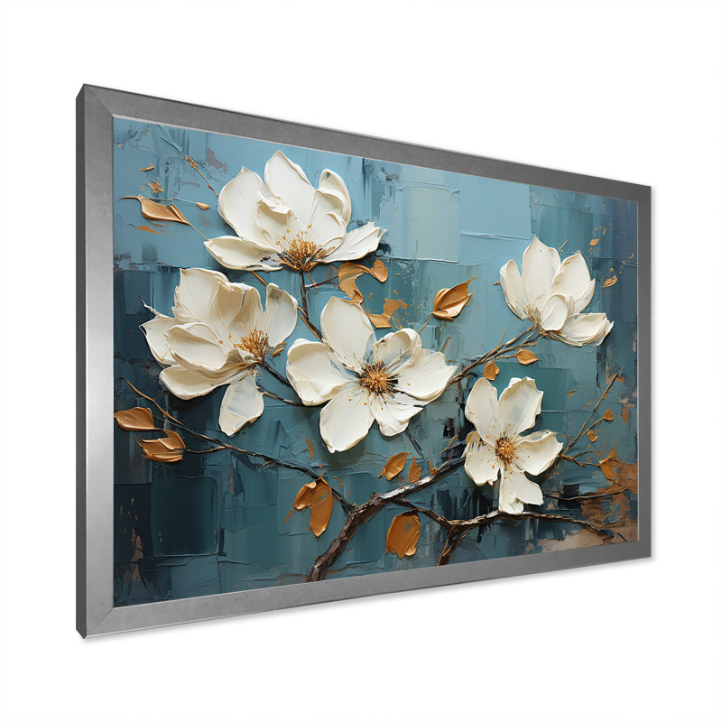Blanc et bleu, charmante fleur printanière élégance II - fleurs, art mural, Cadre de coin fermé argenté