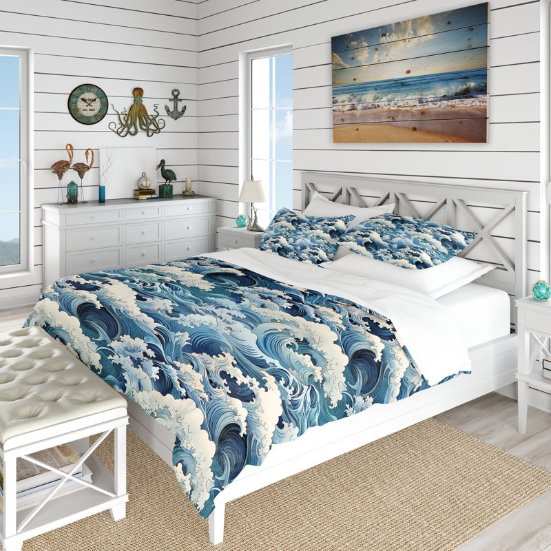 Ensemble de housse de couette White Blue Japan Tsunami Crests I - Coastal, Housse de couette pour très grand lit et 2 très