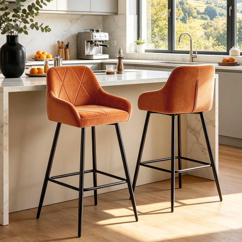 Fixed Height Velvet Upholstered Bar Stool with Diamond Tufted Back & Footrest, Orange 