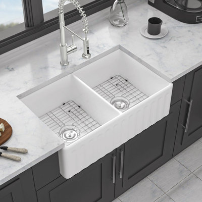 White Farmhouse Sink - 33 Inch White Ceramic Double Bowl Farm Kitchen Sink