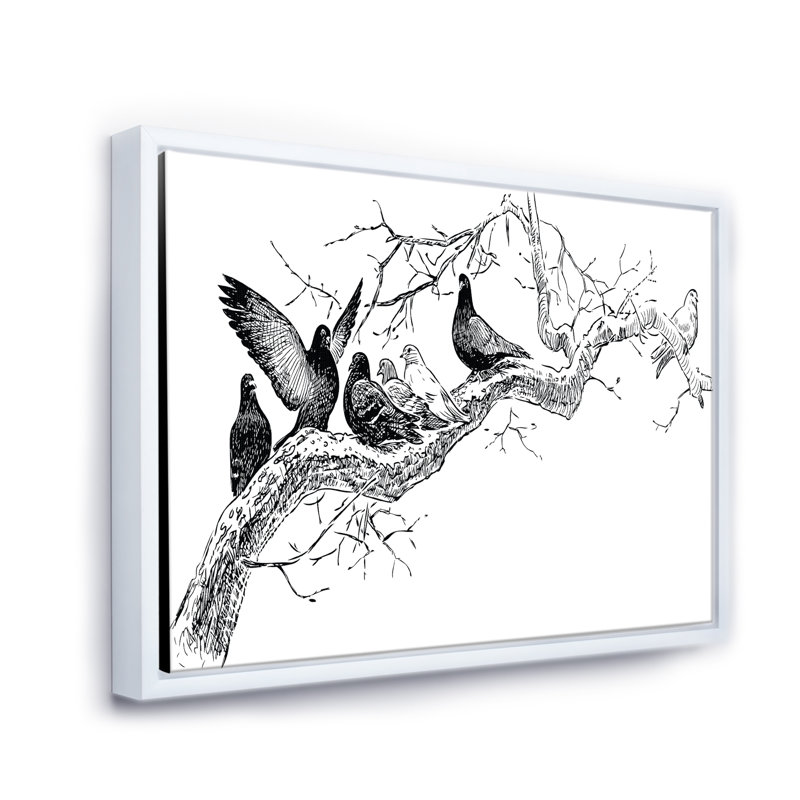 «Pigeons on the Tree Branch», reproduction d'art sur toile, H 12 po x l 20 po x p 1 po, Cadre blanc