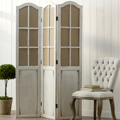 Bigham Beige Wood Hinged Foldable Partition 3 Panel Room Divider Screen w/ Burlap Window Pane Design