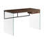 Bureau d'ordinateur de 48 pouces avec tiroir de rangement, structure en verre moderne, plateau en panneau de particules brun classique, pieds en verre trempé transparent-130131274-130131272