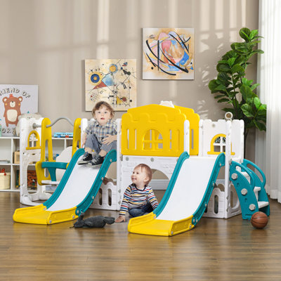 8 In 1 Toddler Slide And Swing Set With 2 Slides, Baby Slide For Ages 1-3 With Basketball Hoop, Climber, Aisle, Steering Wheel, Storage Space, Telesco