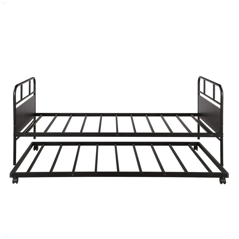 Metal Daybed Platform Bed Frame With Trundle Built-In Casters