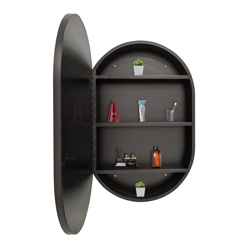 Armoire à pharmacie murale 24 po x 36 po à cadre mural ovale en métal noir avec miroir