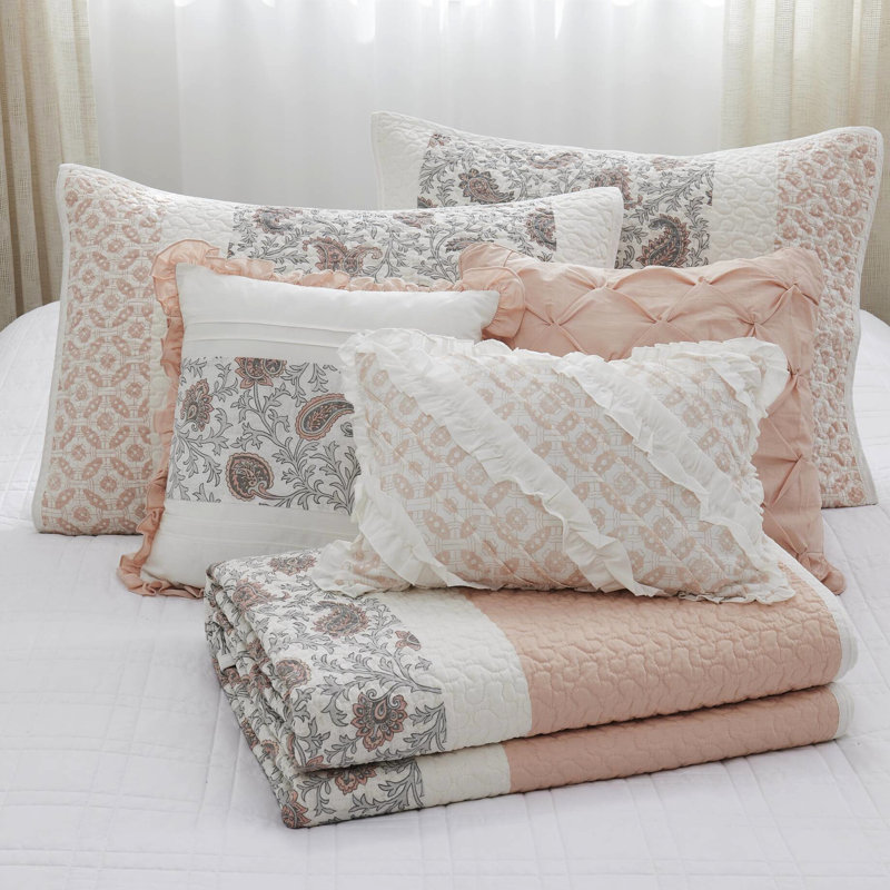 Courtepointe 6 pièces très grand / très grand, en coton, réversible avec coussins décoratifs, Rosé