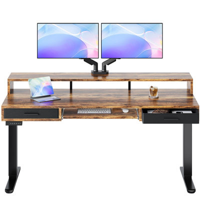 Electric Standing Desk With 24.4" Large Keyboard Tray & 2 Drawers, Adjustable Sit Stand Desk With 4 Height Presets, C-Clamp Mount Compatible Computer Desk For Office