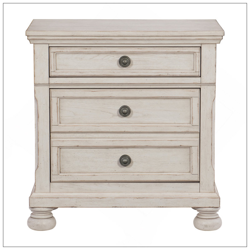 Table de chevet transitionnelle avec tiroir caché, finition brossée et table de chevet en placage de bouleau, Blanc antique