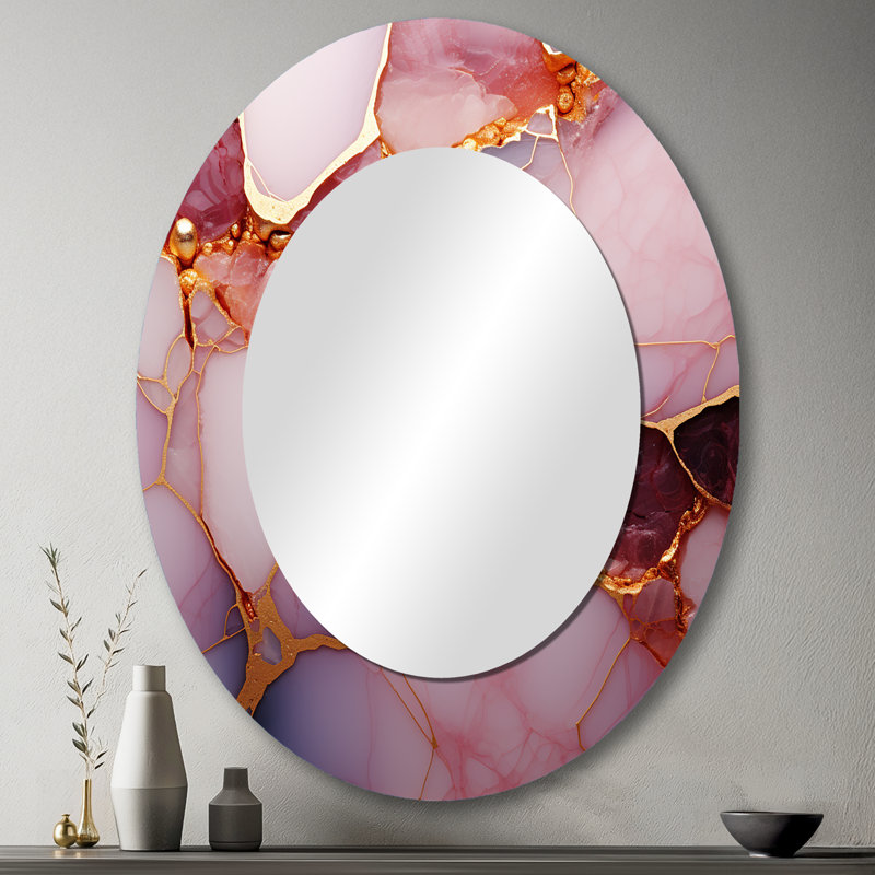 Gold And Pink Marble Essence II - Abstract Oval Decorative Mirror On Metal, 43" x 33"