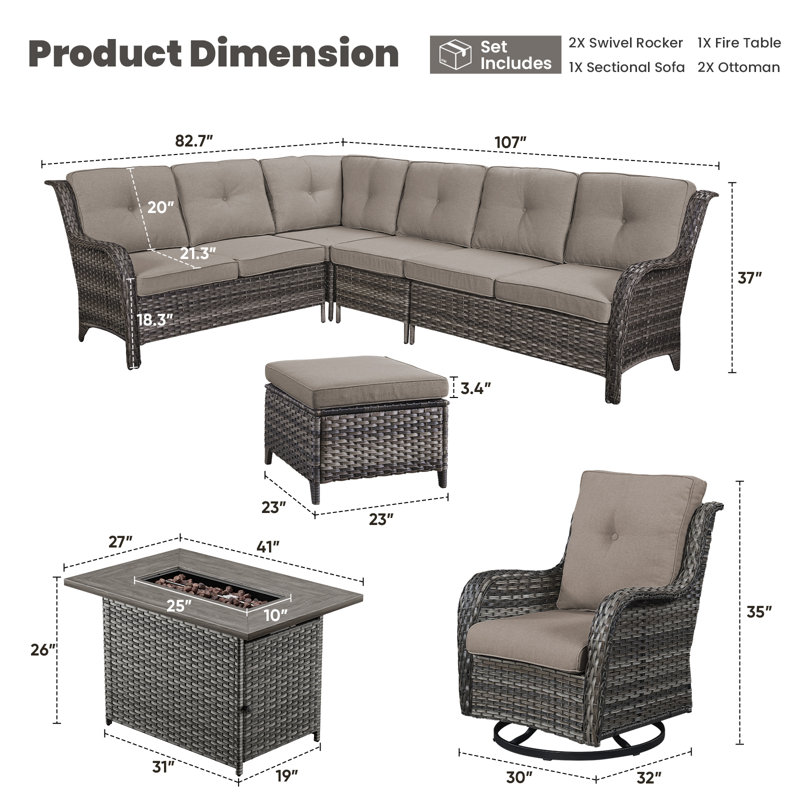 Dahlyla 8- Person Outdoor PE Wicker Sectional Seating Group with Fire Pit, Ottomans and Cushions, Gray, Gray