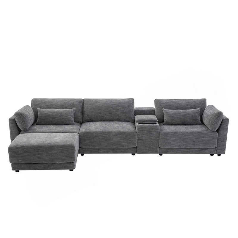 Canapé modulaire en chenille de 124 po en L avec charge USB, console de rangement et repose-pieds mobile pour un confort et une flexibilité ultimes.