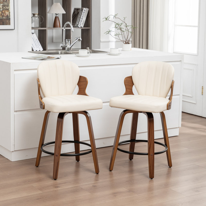 Tabourets de bar pivotants en bois et en similicuir Xaviera (ensemble de 2), Beige, Ensemble de 2