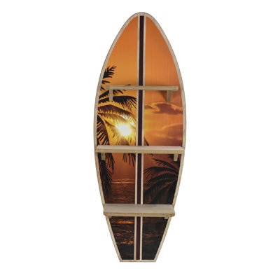 13" x 35" Hawaiian Sunset Surfboard Wall Shelf, Tropical Coastal Beach Wall Decor with Palm Trees & Ocean Sunset, Wooden 3-Tier Display Shelf for Bedroom, Living Room, Office, Entryway & Meditation Room