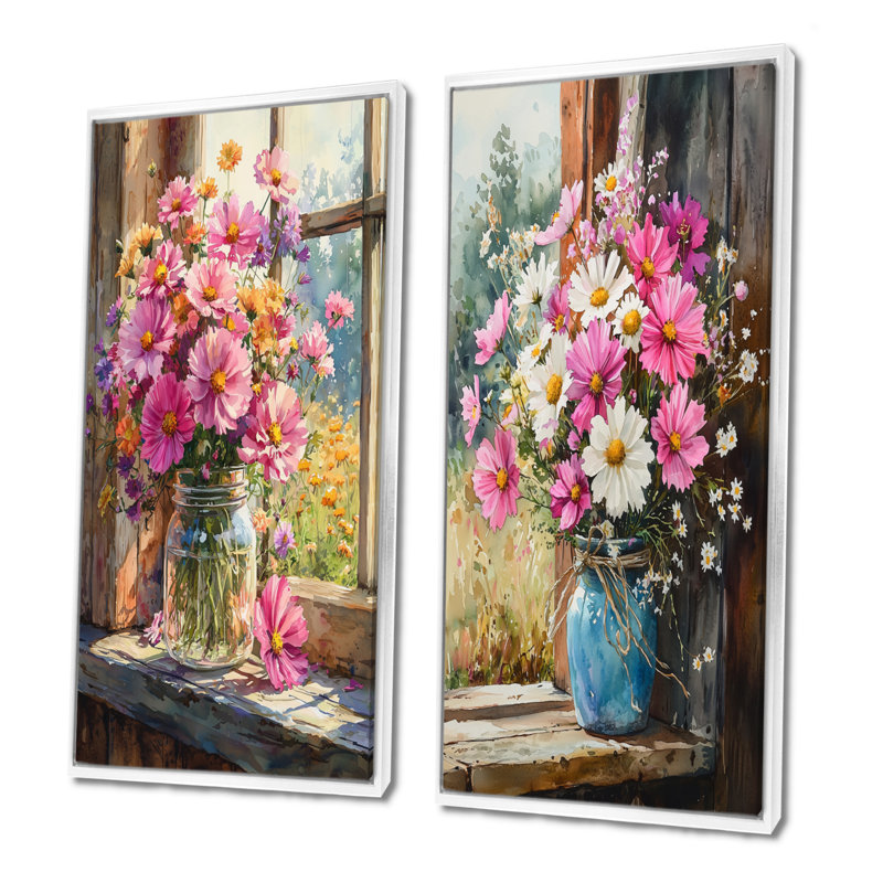 Décoration de jardin champêtre charme de bouquets assortis I - panneau mural floral 2 panneaux, Cadre flottant blanc
