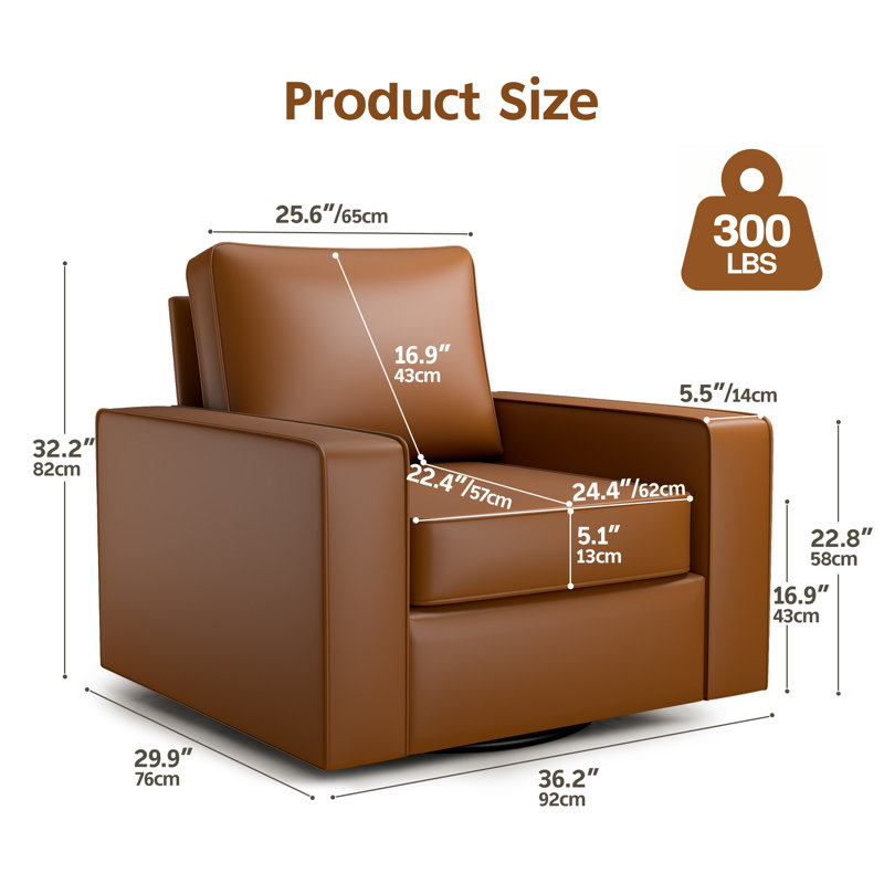 36.2" Wide Upholstered Swivel Accent Armchair, Cognac PU