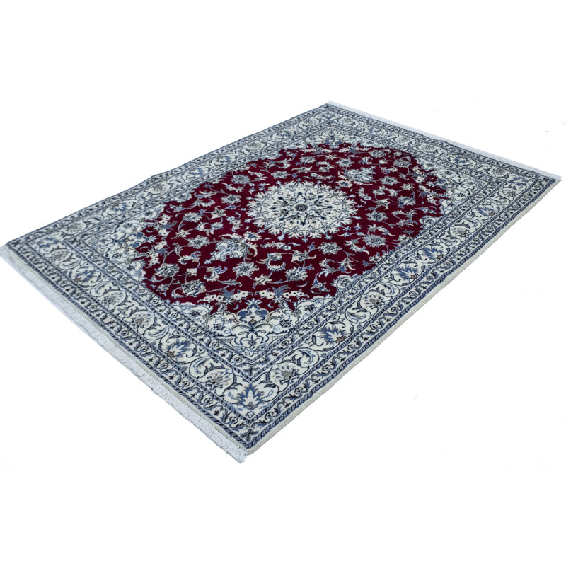 Tapis rouge en laine noué à la main de conception unique 5 pi 7 po x 8 pi