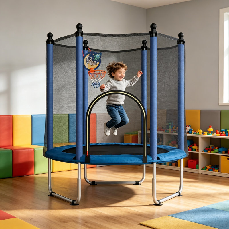 Mini trampoline pour tout-petits de 48 po avec filet de sécurité et panier de basketball avec sommier Sumij, Bleu