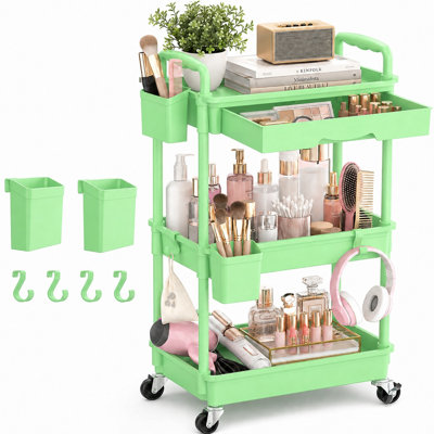 Rolling Cart with Drawer & Lockable Wheels, Plastic Shelf Storage Organizer Cart