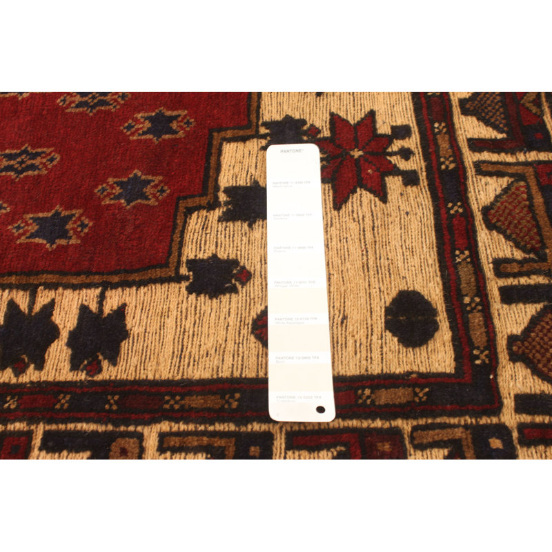 Tapis décoratif rouge/beige en laine de conception unique 4 pi 2 po x 5 pi 10 po Cengizhan noué à la main