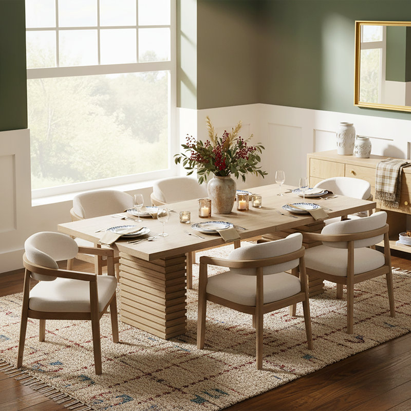 Prescott Mid-Century Modern 7-Piece Dining Set With 95-Inch Double Pedestal Table And Upholstered Dining Chairs, Light Ash