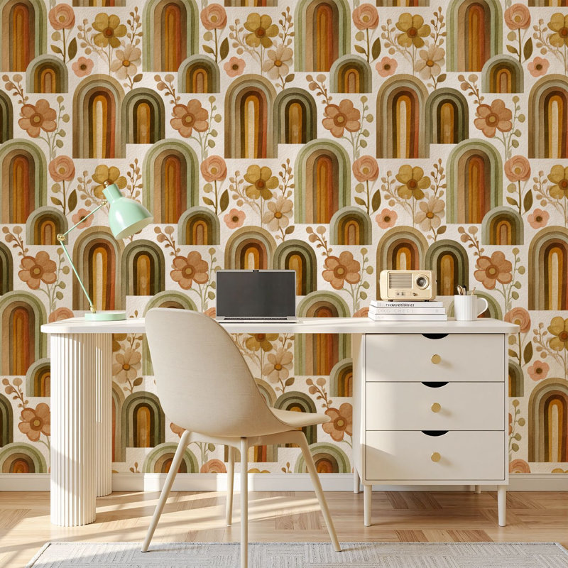 Papier peint adhésif peler et coller en PVC, revêtement mural auto-adhésif amovible avec impression d'aquarelle douce arc-en-ciel botanique, imperméable pour la décoration intérieure - rouleau