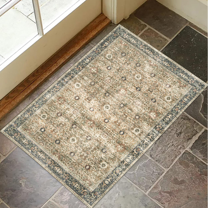 Myshawn Dua Distressed Border Brown Gray Beige Machine Washable Area Rug, Rectangle 3' x 5'