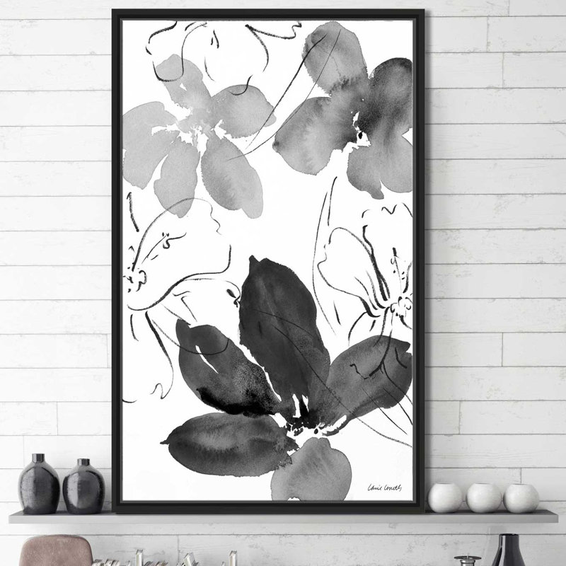 «Into Summer Black and White II», reproduction de peinture à l'aquarelle, H 33,5 po x l 21,5 po x P 2 po, Cadre flottant noir