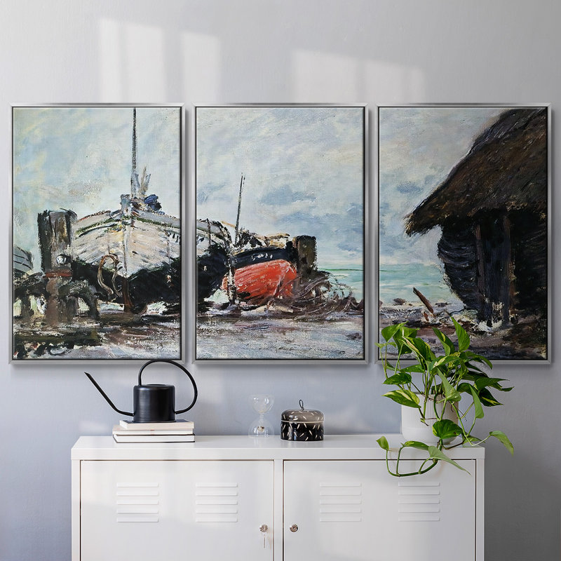 «Fishing Boat at Etretat, 1873», reproduction sur toile flottante 3 pièces, H 24 po x l 48 po x P 2 po, Argent