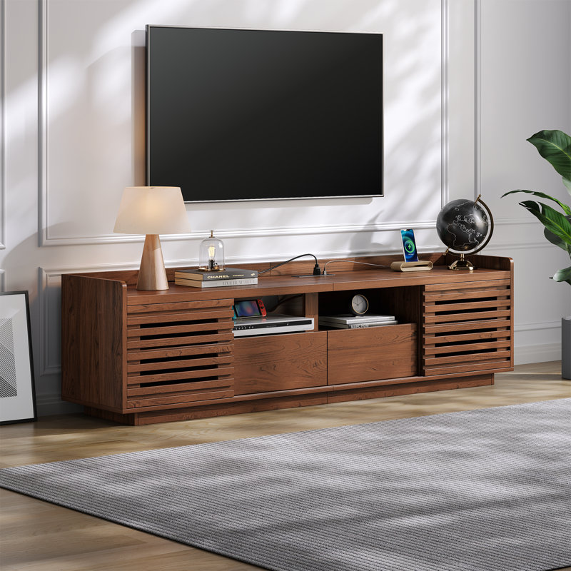 Meuble télé de 78,7 pouces avec 2 tiroirs et portes coulissantes, centre multimédia avec compartiment pour multiprise, 70"