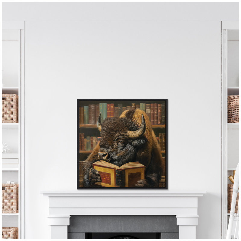«Traditional Buffalo Reading in Library» par The Creative Bunch Studio, reproduction d'art sur toile encadrée, Noir mat