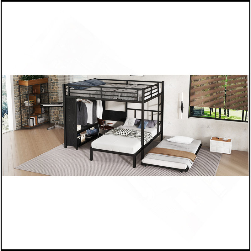 Grand lit superposé simple avec garde-robe intégré, lit superposé en métal avec lit gigogne, bureau pliable, échelles, conception à réduction de bruit, noir