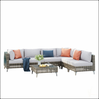 Ensemble de mobilier de patio 7 pièces en osier, canapé modulaire d'extérieur avec coussins beiges résistants à l'eau et table basse pour le porche, cour arrière - beige