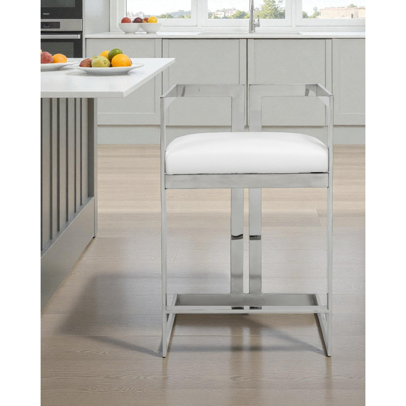 Kenzie Counter Stool with Footrest - Faux Leather Counter Stool – Modern Upholstered Counter Height Seating with Steel Metal Legs -Vegan/Faux Leather - White and Silver Counter Stool