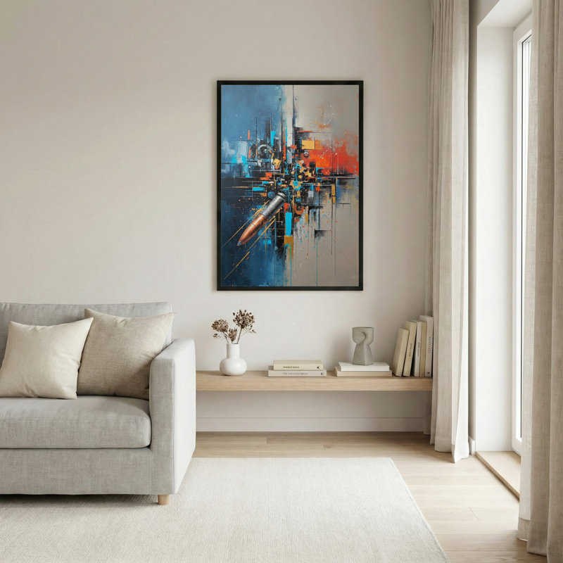 Abstrait paysage urbain avec fusée, art mural tendu sur toile, ensemble de 1, H 24 po x l 16 po