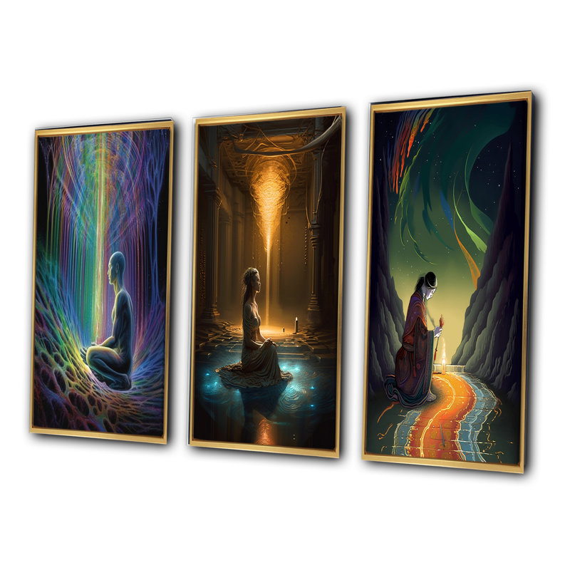 «Rainbow Energetic Body Matrix Meditation», 3 pièces sur toile, Encadrement doré, H 60 po x l 40 po