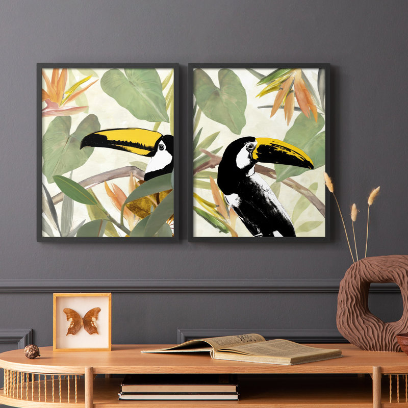 «Parrot in the Leaves I», reproduction encadrée de qualité supérieure - prête à être accrochée - aucun clou requis - aucun clou requis
