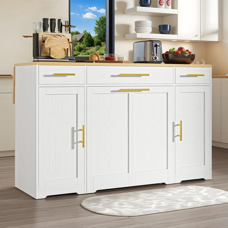 Drop Leaf Rolling Kitchen Island Cart With Pull Out Trash Can Storage Modular Kitchen Island, White