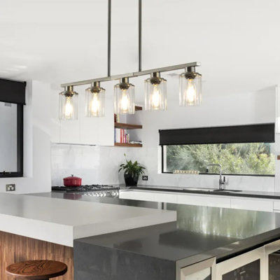37" Brushed Nickel 5-light Chandelier, Contemporary Linear Pendant Light With Clear Glass Shades For Kitchen Island, Dining Room, Modern & Farmhouse Decor (bulbs Not Included)