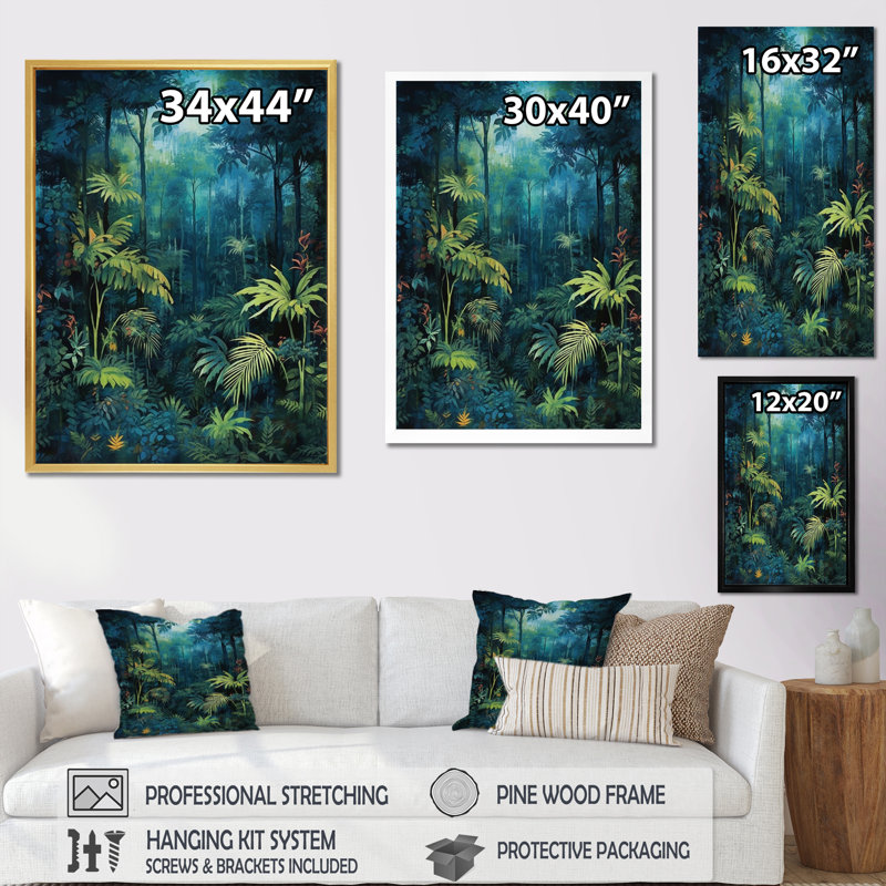 Jungle Expedition - Art mural forêt, H 44 po x l 34 po x P 1,5 po, Cadre flottant doré