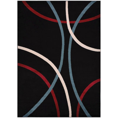 Striped Scroll Black Design Area Rug 5' x 7'