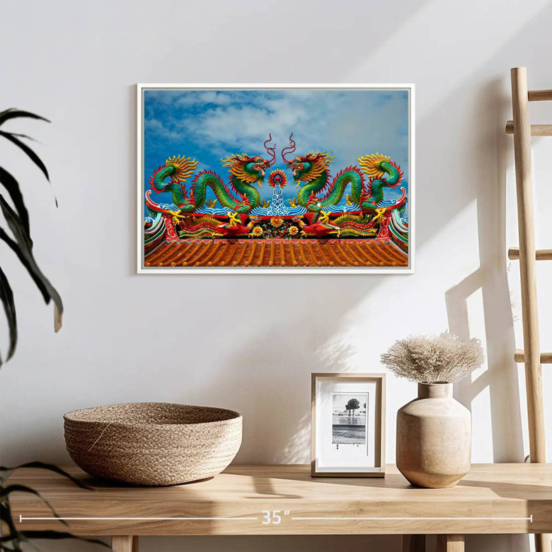 Twin Oriental Dragons, Floating Frame White, 19" X 13"