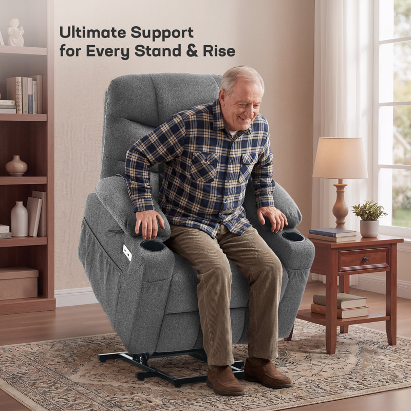 Dual Motor Power Lift Chair Recliner for Elderly with Massage and Heat, Infinite Position Electric Lift Recliner with USB A&C, Cup Holders (T6012 - Linen Fabric, Gray, Medium)